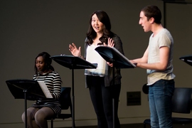 Left to right: Ayomide Fatunde, Jordan Clark, and Cody Sloan take part in the MIT Playwrights Lab.