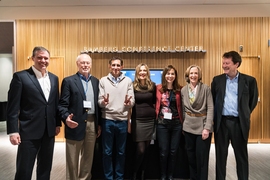 Speakers included (l-r) Jay Bradner, president of the Novartis Institute for BioMedical Research; Phillip Sharp, MIT Institute Professor; Andrew Plump, chief medical and scientific officer of Takeda; summit organizers and faculty members Regina Barzilay and Dina Katabi from the MIT Department of Electrical Engineering and Computer Science; MIT President Emerita Susan Hockfield; and Robert Califf, ...