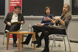 Left to right: David Niño, senior lecturer in the MIT Gordon Engineering Leadership Program, moderated a discussion with Ellen Ochoa (center), former astronaut and current director of NASA's Johnson Space Center, and MIT Professor Dava Newman, former NASA deputy administrator, about their experiences as leaders with the U.S. space agency.