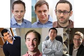 The MIT School of Engineering newly tenured faculty are: (clockwise from top left) Dirk Englund, Yury Polyanskiy, Adam Chlipala, Kenneth Kamrin, Qiqi Wang, David Sontag, and Vinod Vaikuntanathan.