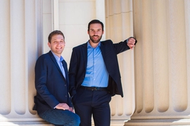 Matt Ellis PhD ’17 (left) and Sam Shaner SM ’14 PhD ’18 have designed a nuclear reactor that deploys a molten nitrate salt coolant that allows the reactor to reach higher operating temperatures than current water-cooled reactors.