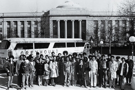 BSU members began helping recruit black students in 1968. In 1972, assistant director of admissions John A. Mims and two MIT student guides (left) welcomed students visiting from 23 high schools.