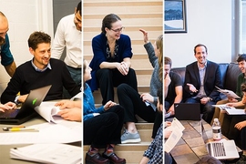 Left to right: MIT professors Emilio Baglietto, Rebecca Saxe, and Matthew Shoulders were nominated by their graduate students and are now honored by the Committed to Caring program as model mentors.