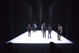 "NERVOUS/SYSTEM" by Andrew Schneider and company: (left to right) Ashley Marie Ortiz, Antonio Irizarry, Peter Musante, Lindsay Head, Jamie Roach, T.L. Thompson and Kedian Keohan. 