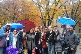 While exploring the campus, participants in a Legatum Leadership Forum have a surprise encounter and photo-op with Megan Smith (center), a member of the MIT Corporation and the former U.S. Chief Technology Office under President Obama. 