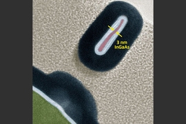 Using a new manufacturing technique, MIT researchers fabricated a 3-D transistor less than half the width of today’s slimmest commercial models, which could help cram far more transistors onto a single computer chip. Pictured is a cross-section of one of the researchers’ transistors that measures only 3 nanometers wide.
