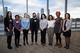 2019 Change-Maker honorees and Chancellor Cynthia Barnhart: (left to right) Lisa Volpatti, graduate student in chemical engineering; Paula Hammond, chemical engineering department head; graduate student Sarah Goodman; graduate student Jay Dev; CAPD staff member Amanda Pickett; senior Madiha Shafquat; senior Gabby Ballard; Chancellor Barnhart.