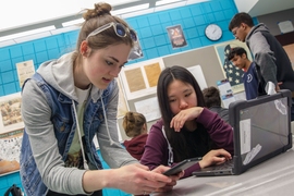 A Cambridge Rindge and Latin School student plays with App Inventor.