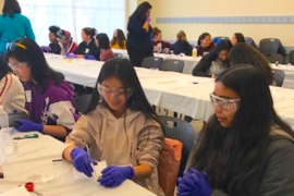 The MIT Materials Research Science and Engineering Center hosted 26 Boston-area high school girls for a solar cell building activity during the Science, Engineering, and Technology (SET) in the City program. The girls measured the voltage and current output of their cells with a multimeter. 
