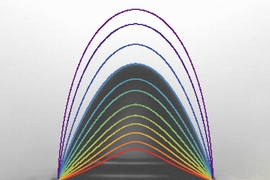 Electrified water droplets take on a variety of distorted shapes just before bursting, based on the strength of the electric field. The profiles of different distorted droplet shapes are shown, overlaid on an image of one particular distorted droplet for comparison.