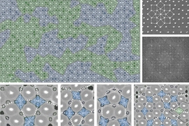Scanning electron microscope images of the crystal structure of the block copolymer material, illustrating their unusual quasicrystal symmetries. Regions with different symmetry properties are highlighted in different colors, and examples of the different patterns, which resemble some ancient tiling patterns, are shown in the accompanying diagrams.