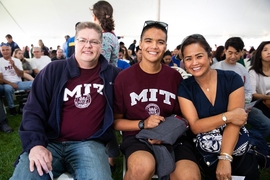Members of the incoming Class of 2023 and their families listen to remarks by President Reif and three professors who are also MIT alums.
