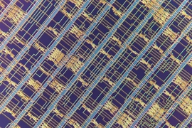 A close up of a modern microprocessor built from carbon nanotube field-effect transistors.