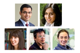 Newly-tenured faculty in the School of Humanities, Arts, and Social Sciences: (clockwise from top left) Nikhil Agarwal, Sana Aiyar, Miriam Schoenfield, F. Daniel Hidalgo, and Stephanie Frampton.