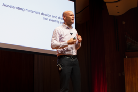 Brian Storey, director of accelerated materials design and discovery at Toyota Research Institute, speaks at the MIT MRL Materials Day Symposium.