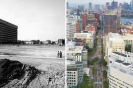 "From Controversy to Cure: Inside the Cambridge Biotech Boom" documents how science, engineering, politics, the space race, and urban renewal transformed a desolate Kendall Square into the biotechnology hub we recognize today. At left is the undeveloped plot that is now home to Draper Laboratory, as seen from what is now Galileo Way, looking west, with 400 Technology Square at far left.