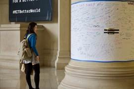 As part of the MIT "Tomorrow Time" event, Lobby 7 pillars were wrapped with poster paper asking the community what they have been procrastinating on. 