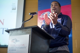 G. Anthony Grant addressing a crowd at an event at Metropolitan State University Denver. Grant has been named MIT’s new athletic director and head of the Department of Athletics, Physical Education, and Recreation (DAPER).