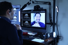 From his home, Abel Sanchez leads the live virtual delivery of Digital Transformation offered by MIT Professional Education. The program included 30 professionals, each also participating from home.
