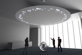 “Orbiting” prototype installation view by CAST Visiting Artist Thom Kubli and Hiroshi Ishii, the Jerome B. Wiesner Professor of Media Arts and Sciences, in the Media Lab's Tangible Media Group