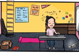 Margaret Zheng's Tunnel66 room. "It's a preservation of some of my favorite memories as a first-year student at MIT — jamming on musical instruments, hanging out with friends, putting sticky notes all over the walls of my dorm room, painting murals, and working out."