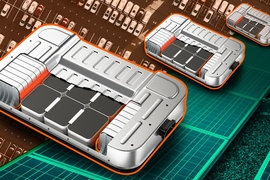 An MIT study shows that electrical vehicle batteries could have a useful and profitable second life as backup storage for grid-scale solar photovoltaic installations, where they could perform for more than a decade in this less demanding role. This image shows a ‘cut-away’ view of a lithium-ion battery over a background of cars and solar panels. 