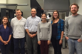 MIT scientists have identified a potential new strategy for treating Fragile X syndrome, a disorder that is the leading heritable cause of intellectual disability and autism. The team includes, from left–right: Amanda Coranado, Arnold Heynen, Mark Bear, Rebecca Senter, Laura Stoppel, and Patrick McCamphill.