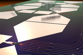 This graphic depicts a stylized rendering of the quantum photonic chip and its assembly process. The bottom half of the image shows a functioning quantum micro-chiplet (QMC), which emits single-photon pulses that are routed and manipulated on a photonic integrated circuit (PIC). The top half of the image shows how this chip is made: Diamond QMCs are fabricated separately and then transferred into ...