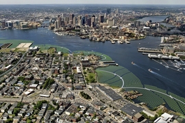 Conceptual image of the Emerald Tutu in Boston Harbor: green dots in the water hugging the coastline