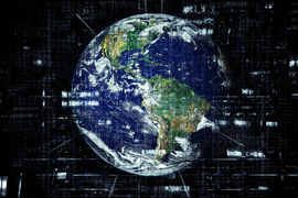 Image of Earth with random numbers and letters superimposed on the "space" above and around the planet