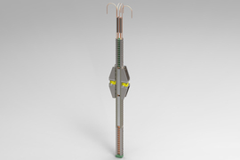 Thin, vertical metal assembly featuring long gray metal casings and four curved copper rods