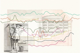 Historical images of the Comédie-Française theater with graph lines superimposed
