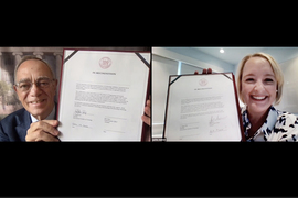 L. Rafael Reif and Julie Sweet appear in a split-screen video conference view, each holding a signed agreement
