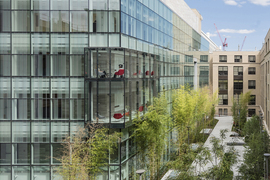 External photo of the MIT.nano building and courtyard