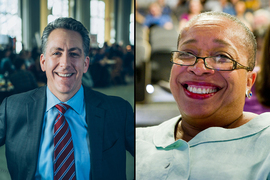 Side-by-side portrait photos of Ian Waitz and Blanche Staton
