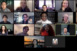 A portion of a screenshot from a Zoom session showing 14 smiling people in a variety of settings. Three had to be cropped out to fit our format.
