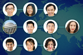 Photos of nine people in circles, as well as a photo of MIT campus in a circle, all of which are superimposed on a world map centered on Africa/Europe/Asia
