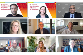 Three by three grid of headshot screengrabs from a video conference