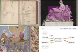 Collage of images of a historic French book, a detail of a classical illustration of a woman with a book and a cherub, a flow chart, and a detail of a 17th-century South Asian miniature painting