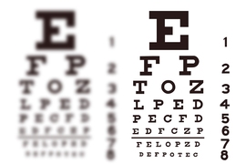 An eye chart with rows of letters that get smaller as the page goes down. One side is blurry, symbolizing visual impairment on that side.