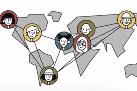 Graphic featuring a simplified world map with 7 circular symbols in different locations featuring cartoon-style faces