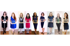 A row of nine photos of women holding square glass awards. 