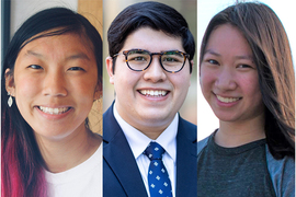 Portrait photos of MIT students Stephanie Zhang, David Spicer, and Michelle Tang.