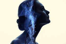 Digital illustration featuring a black-and-white photo of a young woman’s head and shoulders, superimposed with a network of interconnected nodes running through her head and neck