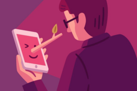 Cartoon person looking at a phone that's winking and growing a long nose, to indicate it's lying