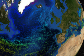 Satellite view of Atlantic Ocean with ocean current and surface temperature data superimposed, with more southern waters looking warmer and northern waters cooler.