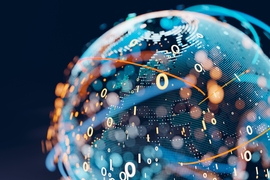 Abstract representation of a globe with digital networks.