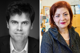 Portrait photos of Caspar Hare and Georgia Perakis, placed side by side