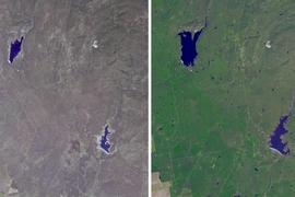Side-by-side satellite images of a section of California. On the right is the first temporal image, which shows two moderate sized lakes surrounded by green vegetation. On the left is the second temporal image, which shows that the lakes have shrunk in size by about half, and the surrounding area is a dull brown.
