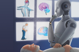 Side view of an older man lying down with a mist of white particles emanating from his nose and mouth. Beside him is an android in a pensive position, looking at images behind the man. Images include a rendering of a brain in purple; the human nervous system in blue and pink; a brain in blue, yellow, and green; and the man standing up with blue waves around his body representing tremors or shakiness.